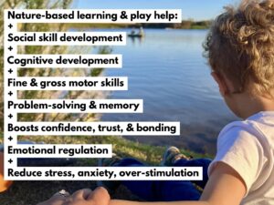 Image of parent and son by lake with list of the ways nature-based learning and play help children, families